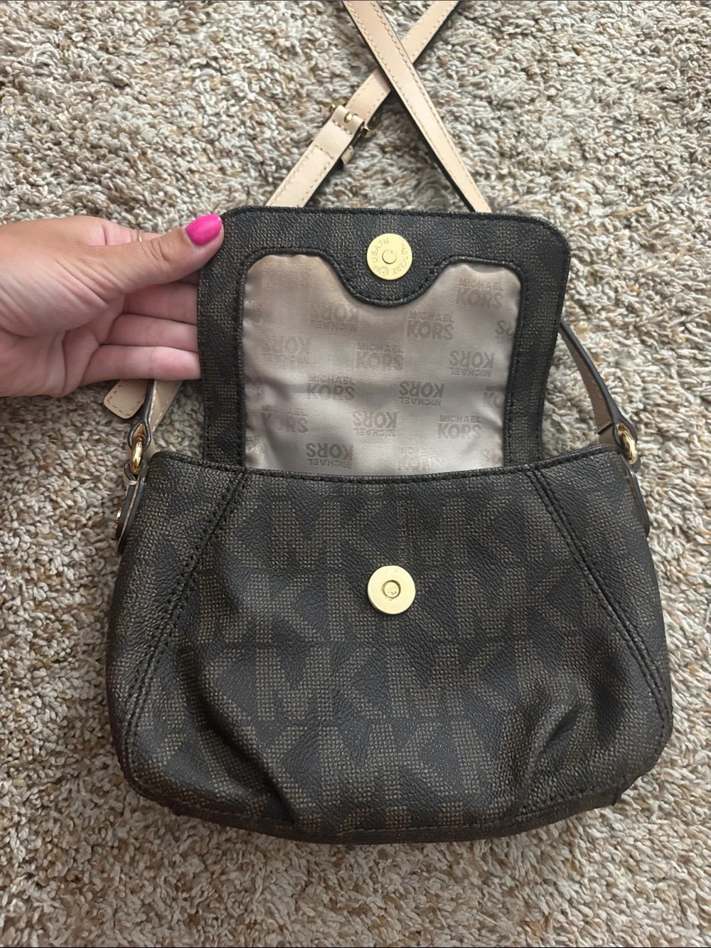 Michael Kors Dark Brown Monogram Crossbody with Gold Plaque